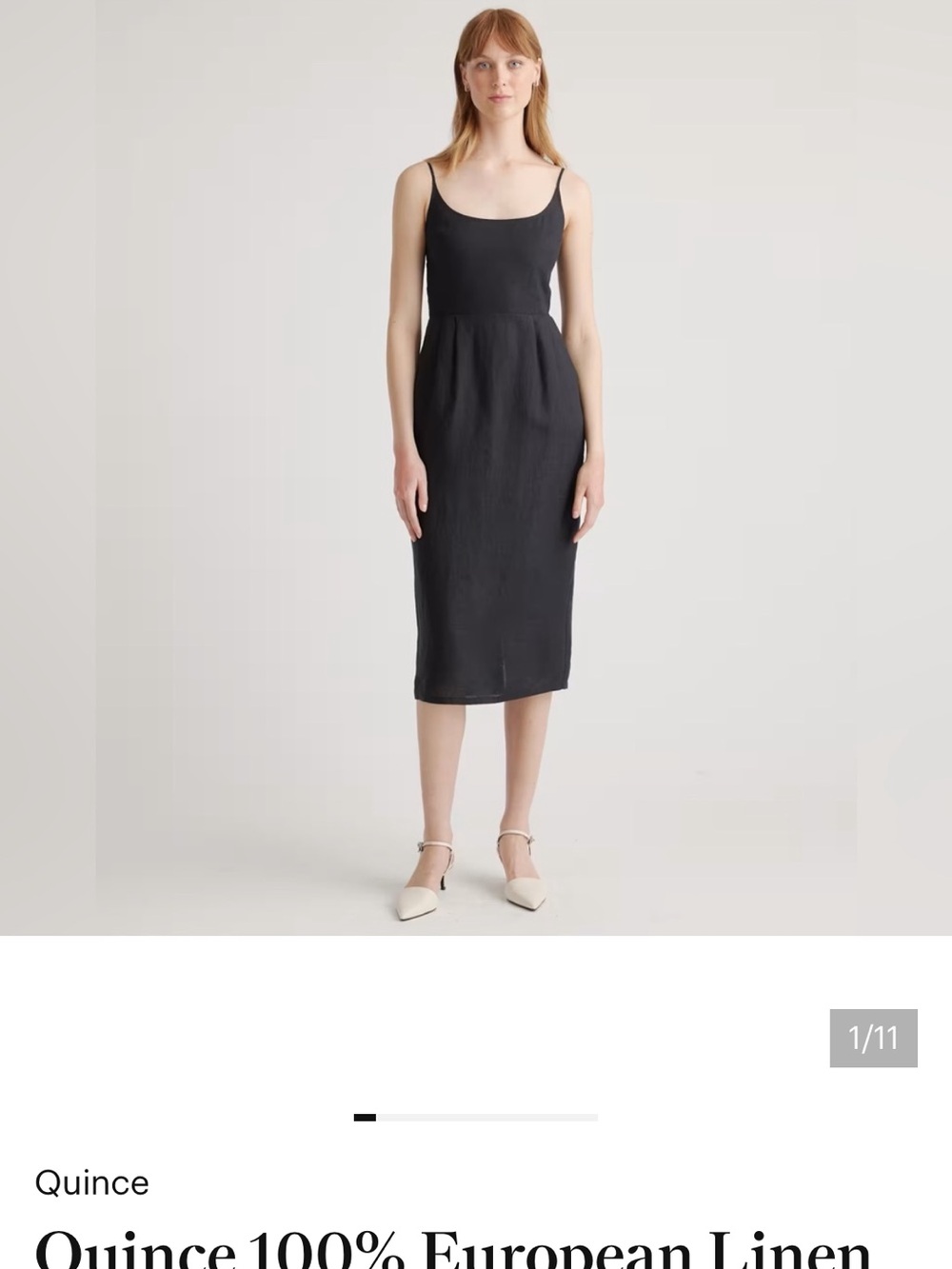 Quince Black Linen Midi Slip Dress with Slim Straps